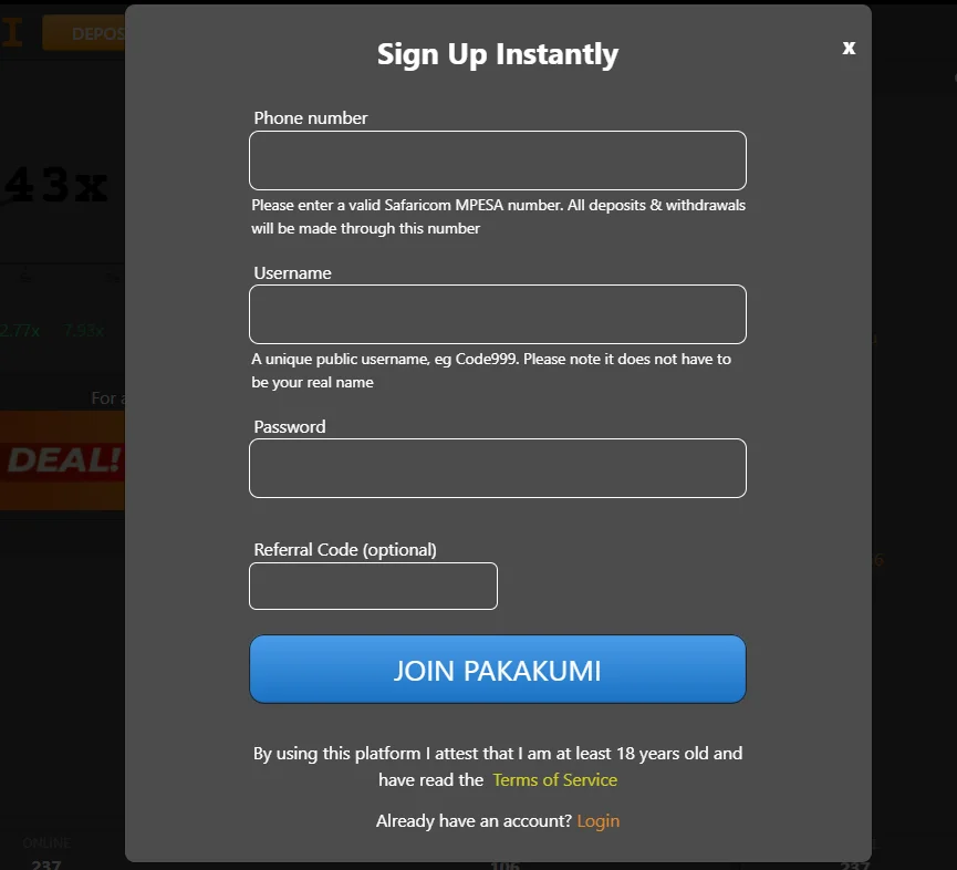 Pakakumi registration screen on a mobile phone