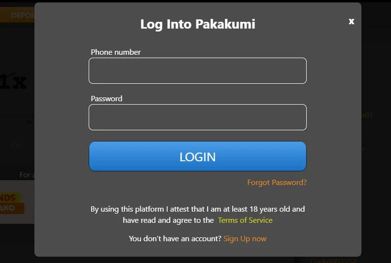 Pakakumi login screen on a mobile phone